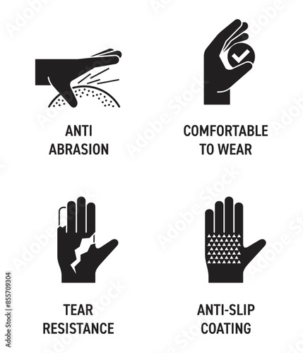 Working gloves features icons set for labeling in monochrome style