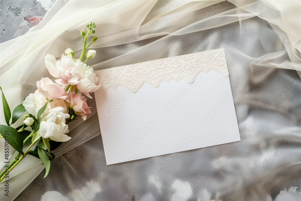 Elegant Wedding-Themed Blank Greeting Card Mockup on White Fabric with Flower
