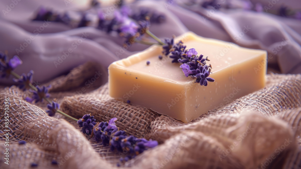 A close-up of a natural soap bar with a lavender scent, resting on burlap fabric with lavender sprigs A close-up of a natural soap bar with a lavender scent, resting on burlap fabric with lavender sprigs