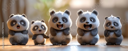Set of Adorable animated panda characters lined up and showcasing various cute expressions in a charming indoor setting. photo