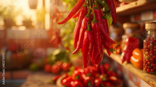 A cluster of vibrant red chili peppers hanging from a string in a sun-drenched kitchen, infusing the air with spicy aroma.