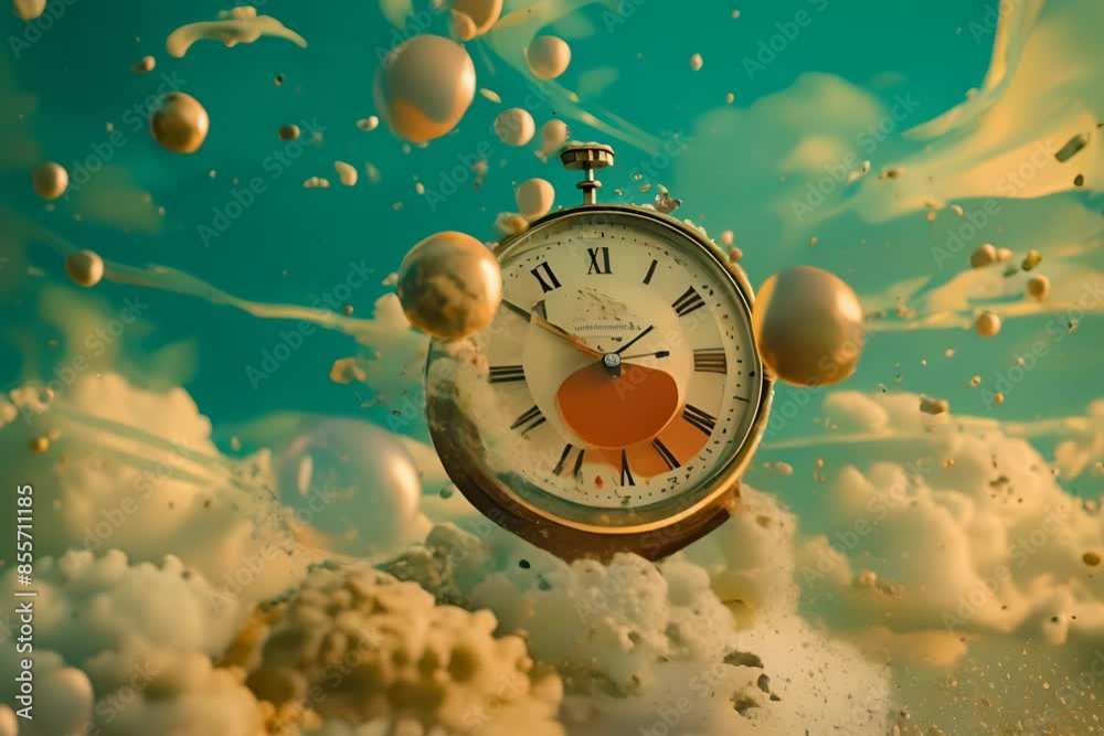 Surreal image of a vintage clock floating among clouds and stars, symbolizing the concept of time in a dreamlike, fantasy setting.
