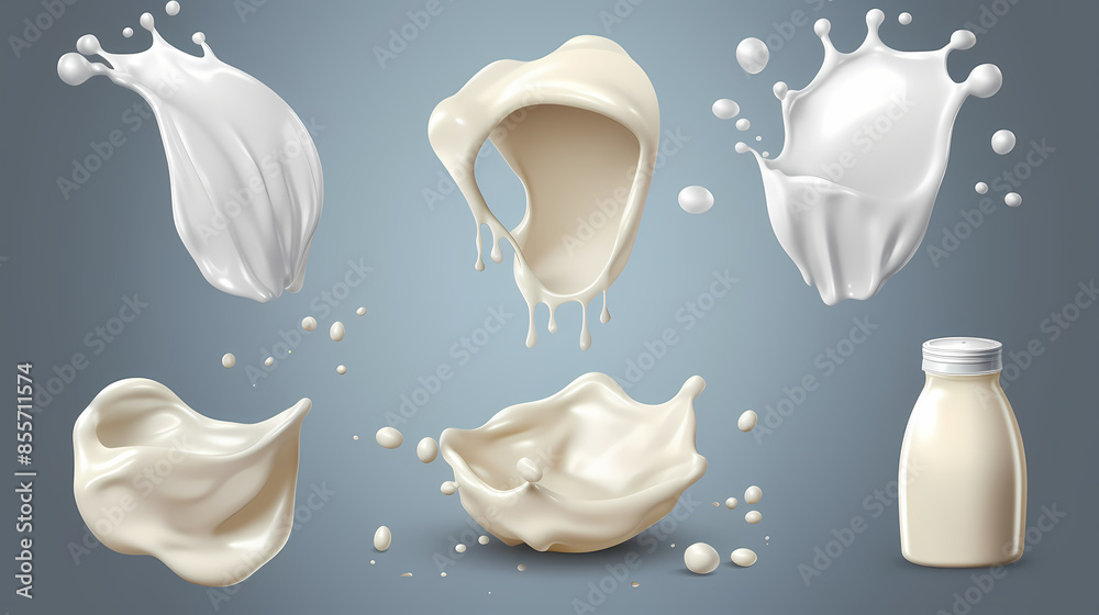 Milk splash 3d realistic icon set vector image Milk splash 3d realistic icon set vector image