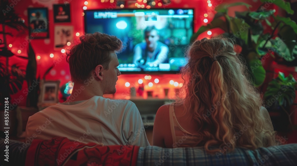 A guy and a girl are relaxing at home, sitting on the sofa and watching TV. A guy and a girl are relaxing at home, sitting on the sofa and watching TV.