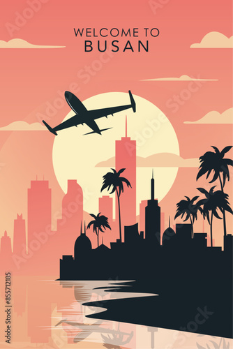 Welcome to Busan, South Korea. Retro city poster with abstract shapes of skyline, buildings, plane flying over. Vintage airlines travel vector illustration
