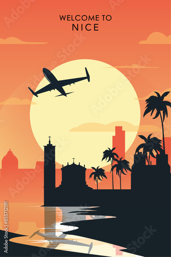 Welcome to Nice, France. Retro city poster with abstract shapes of skyline, buildings, plane flying over. Vintage airlines travel vector illustration