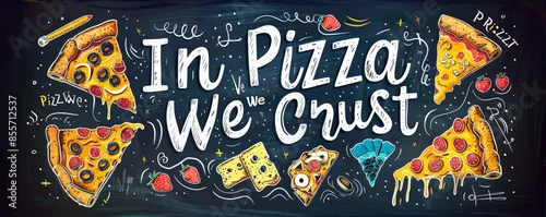 Panel kuchenny z motywem Colorful chalkboard pizza illustration with slices and toppings surrounding 'In Pizza We Crust' text, perfect for food-themed designs.