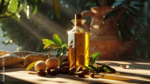 A sleek bottle of argan oil on a table photo