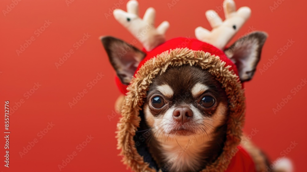Chihuahua dog in a funny reindeer costume in a close up portrait on a red background
