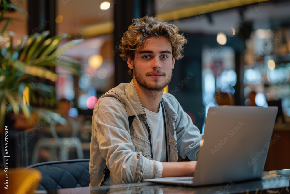 Young Man Working on Laptop in Cozy Cafe Young Man Working on Laptop in Cozy Cafe