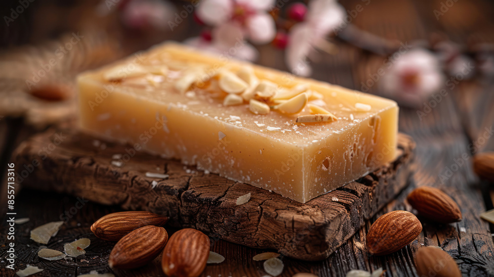 A close-up of an almond scented soap bar on a rustic wooden surface, with almonds scattered around