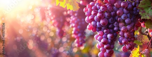 A cluster of vibrant purple grapes hanging from a vine in a sun-drenched vineyard, ready for harvest.