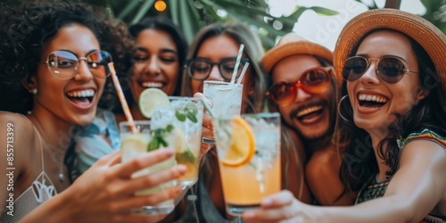 Group of Happy Young People Celebrating a Summer Party with Refreshing Drinks, Cocktails, and Lemonade. Concept of Lifestyle, Travel, Friendship, Inclusivity, and Unity. Embracing a Healthy and Positi photo