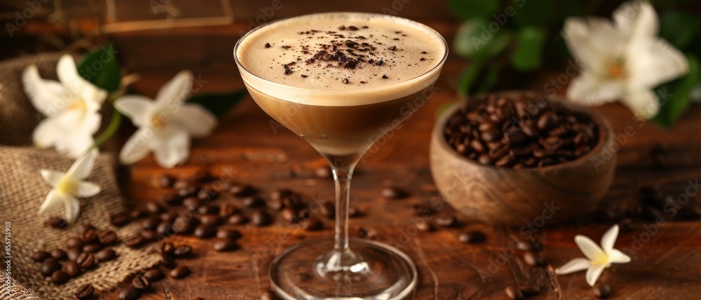 Elegant espresso martini on rustic wooden table, surrounded by coffee beans and beautiful white flowers. Perfect cocktail setup. Elegant espresso martini on rustic wooden table, surrounded by coffee beans and beautiful white flowers. Perfect cocktail setup.