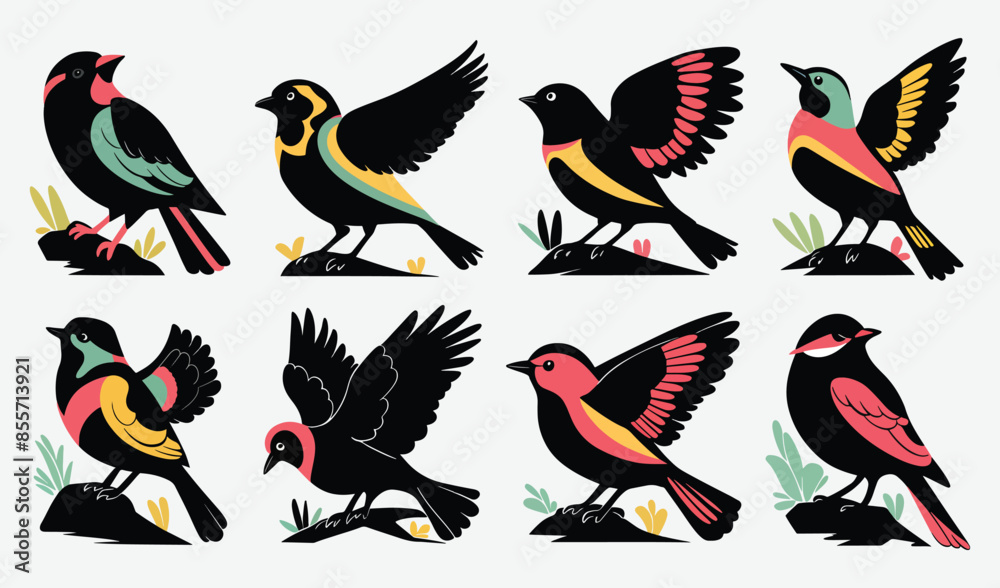 Obraz premium Birds Silhouette Vector Collection Hand drawn Sparrow