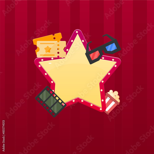 Tickets 3D Glasses Pop Corn Movie Tape Cinema Casino Background Poster Pop Up Vintage Red Star Banner Window Vector Design