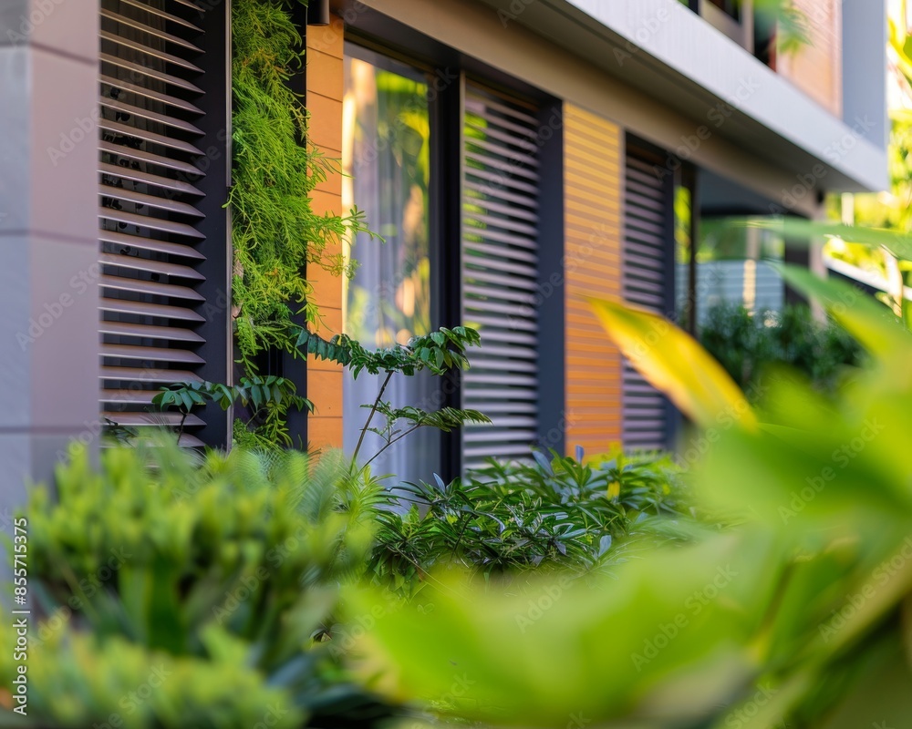 Architectural detail of a home's facade featuring privacy elements Architectural detail of a home's facade featuring privacy elements