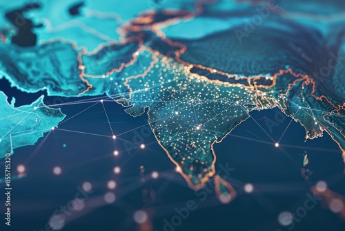 blue illuminated map of india connect to other countries