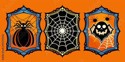 Halloween frames with spiders, pumpkins, and spider webs