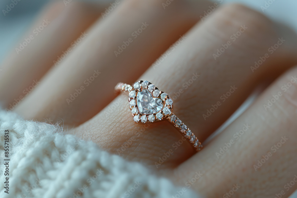 A close-up image showcasing a heart-shaped diamond engagement ring with a halo setting, resting on a finger wearing a white sweater A close-up image showcasing a heart-shaped diamond engagement ring with a halo setting, resting on a finger wearing a white sweater