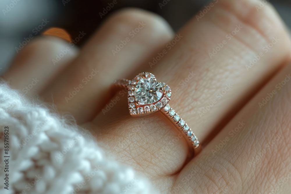 A close-up shot of a womans hand wearing a rose gold heart shaped diamond engagement ring. The ring has a halo of small diamonds around the center stone A close-up shot of a womans hand wearing a rose gold heart shaped diamond engagement ring. The ring has a halo of small diamonds around the center stone