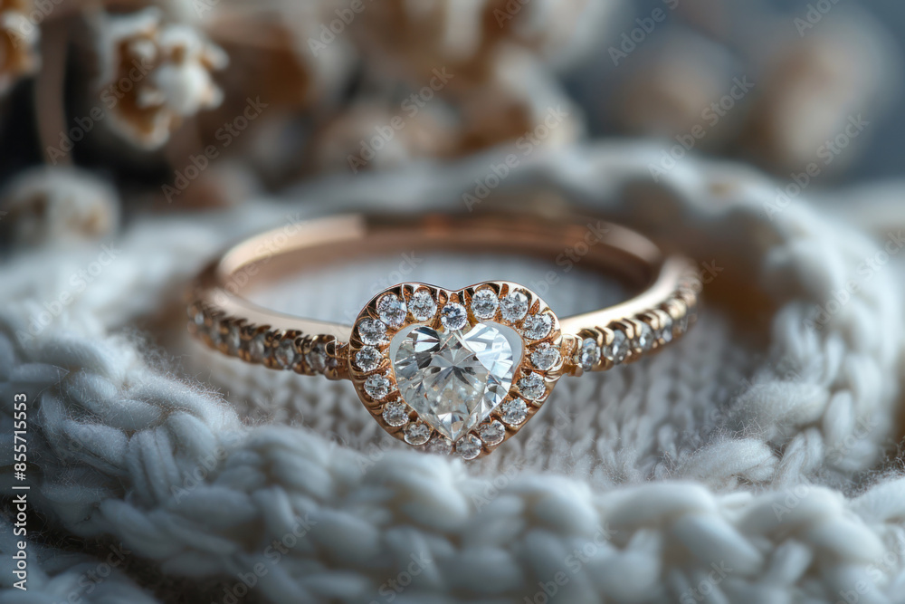 Fototapeta premium A close-up shot of a beautiful rose gold engagement ring with a heart-shaped diamond, nestled on a soft white knit fabric