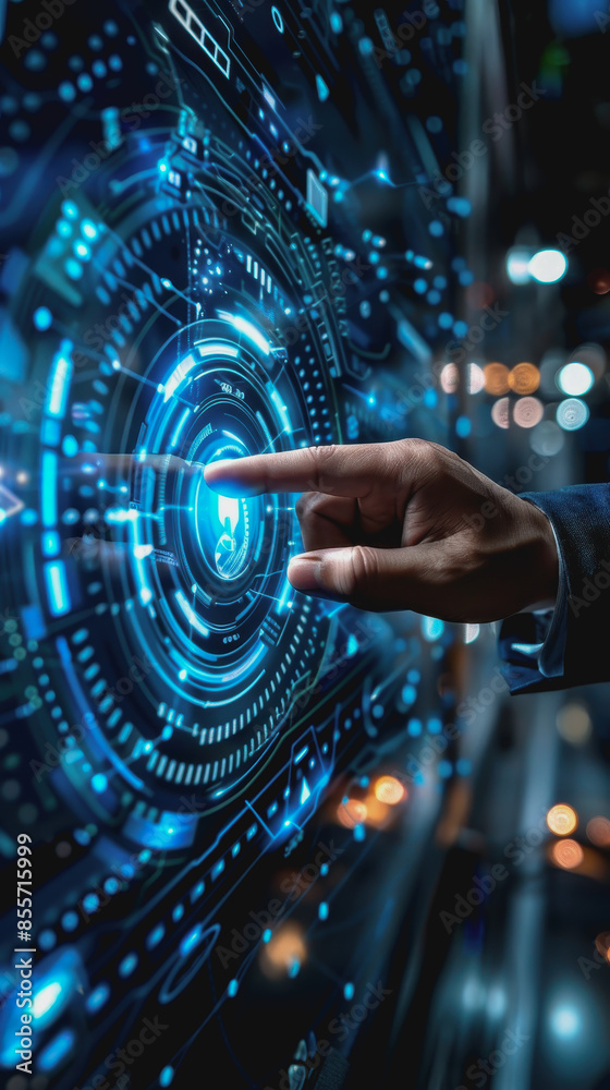Hand touching a virtual icon holographic digital interface with a futuristic business backdrop Hand touching a virtual icon holographic digital interface with a futuristic business backdrop