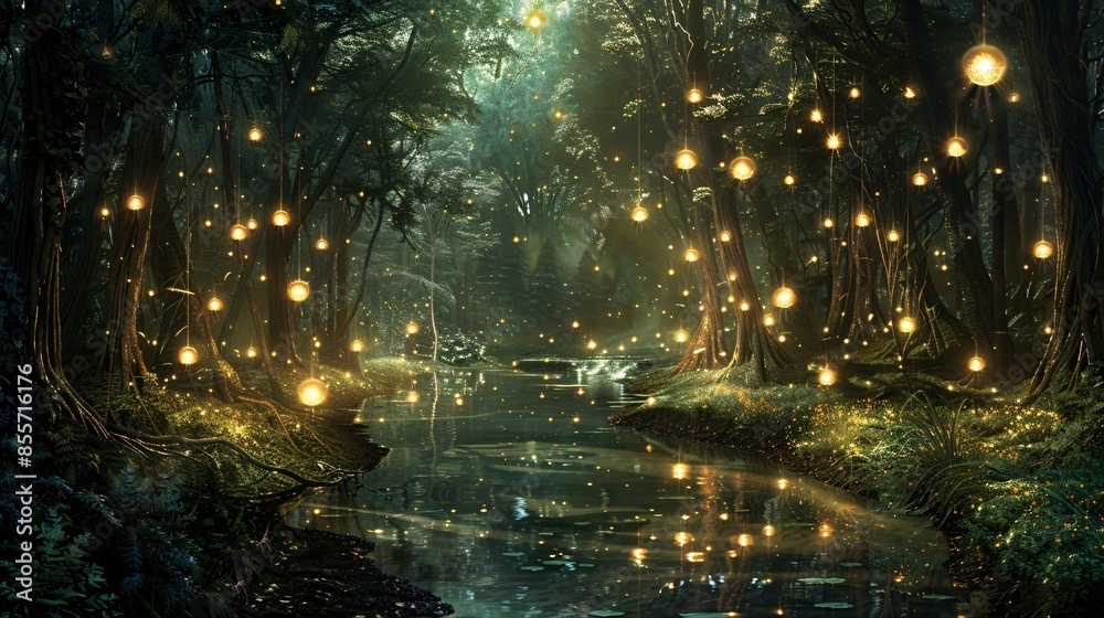 Naklejka premium Mysterious forest at night bathed in a surreal glow from radiant orbs and shimmering lights floating among towering trees, with a serene creek reflecting the sparkling lights and adding a tranquil