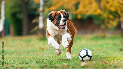 A Saint Bernard dog is captured in action, joyfully running towards a soccer ball on a grassy field. The background features autumn foliage, enhancing the vibrant outdoor setting. photo
