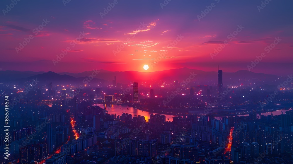 Purple city sunset illustration poster background Purple city sunset illustration poster background