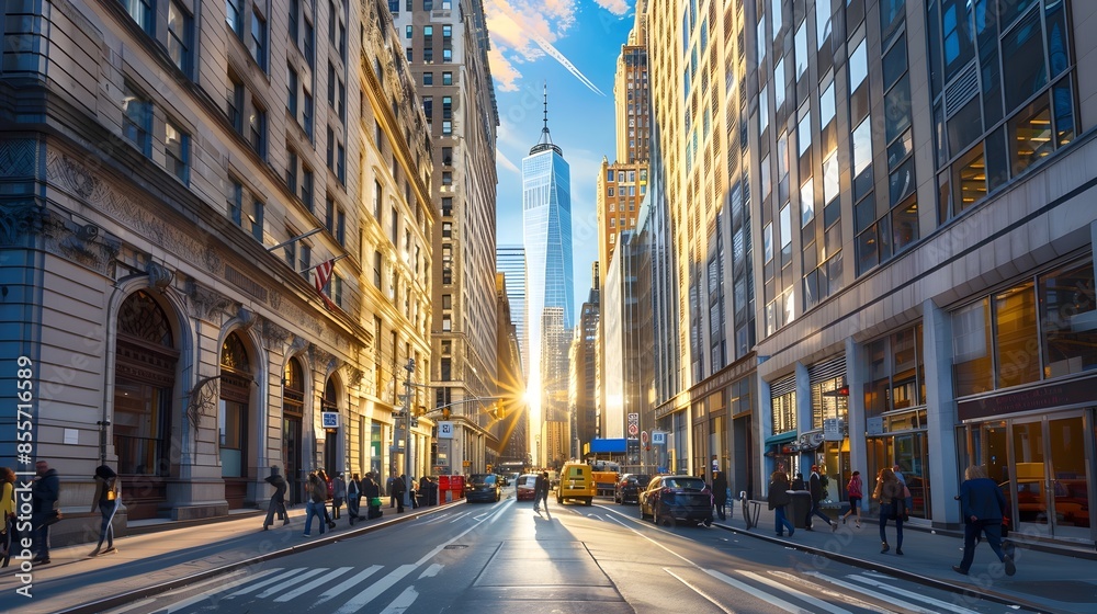 Bustling Financial District with Towering Skyscrapers and Active Sidewalks at Sunrise Bustling Financial District with Towering Skyscrapers and Active Sidewalks at Sunrise