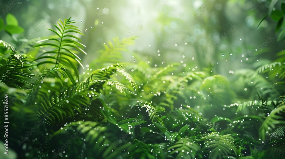 Green lush foliage of moss and fern thriving in a misty garden, with layers of vibrant greenery and delicate fronds covered in droplets, creating a fresh, humid atmosphere with a soft, ethereal glow Green lush foliage of moss and fern thriving in a misty garden, with layers of vibrant greenery and delicate fronds covered in droplets, creating a fresh, humid atmosphere with a soft, ethereal glow