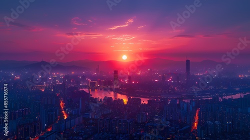 Purple city sunset illustration poster background