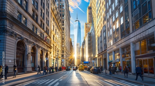Bustling Financial District with Towering Skyscrapers and Active Sidewalks at Sunrise