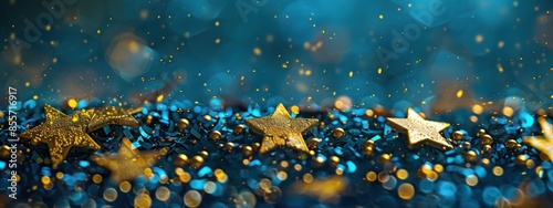 shiny golden stars with blue particles background