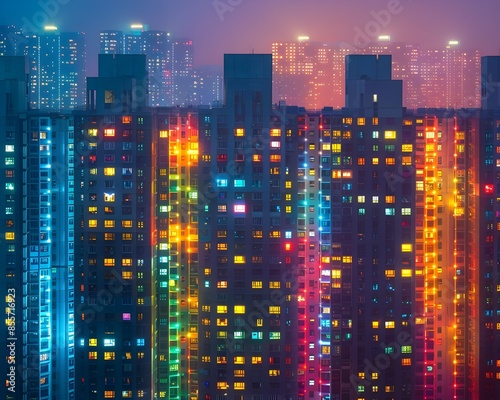 Vibrant Cityscape with Colorful Illuminated High Rise Buildings at Night