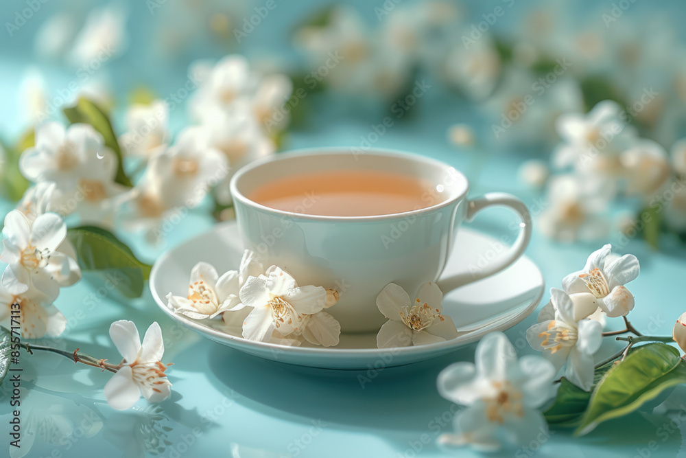 A white teacup filled with light tea sits on a white saucer surrounded by white jasmine flowers on a blue surface A white teacup filled with light tea sits on a white saucer surrounded by white jasmine flowers on a blue surface