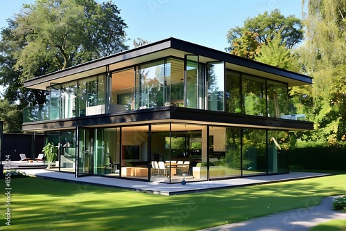 A modern glass house with a lawn and trees © Shipons Creative