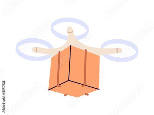 Drone delivery, box delivery by drone, unmanned dopter delivering cardboard box, cardboard parcel, unmanned transportation service, automated aerial robots, courier flying flat vector illustration.
