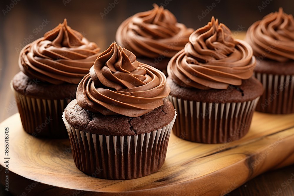Close-up of four chocolate cupcakes with swirls of chocolate frosting on a wooden board Close-up of four chocolate cupcakes with swirls of chocolate frosting on a wooden board