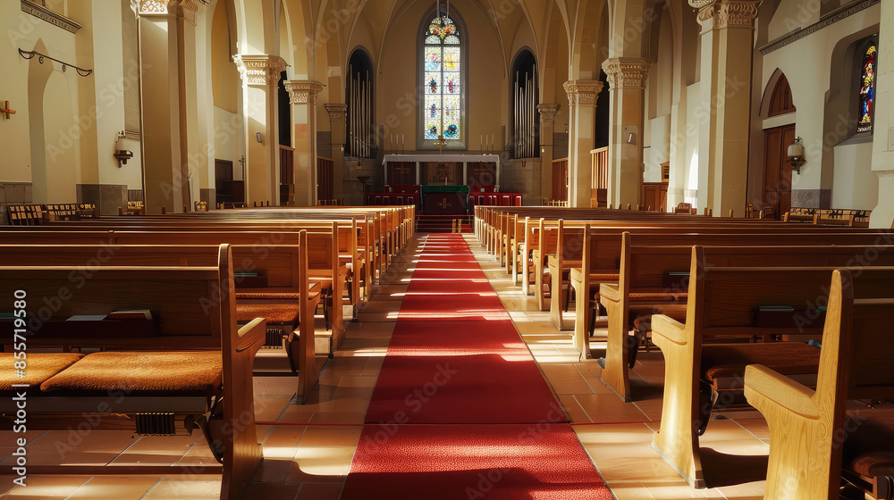 Fototapeta premium Interior of a church with red carpet and chairs in the foreground