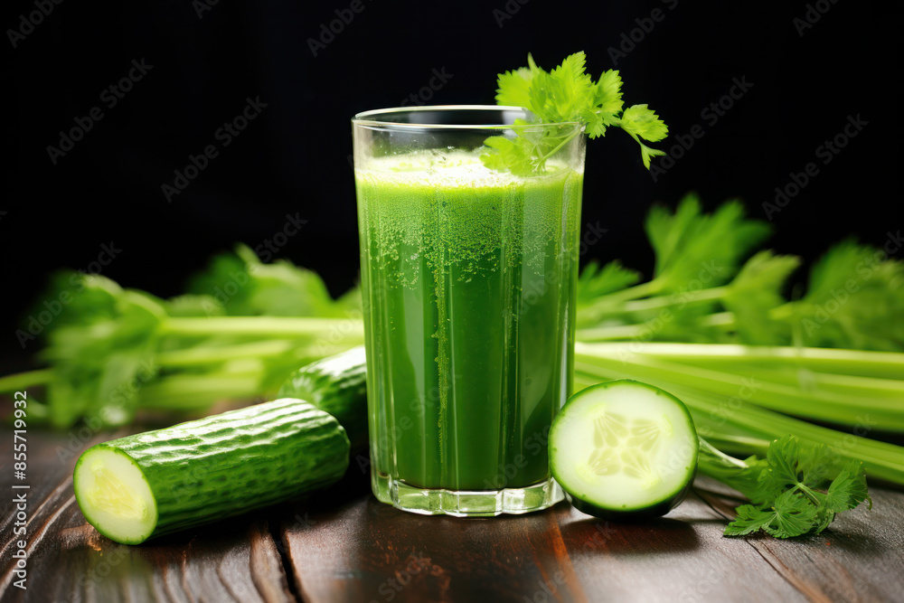 A glass of green juice with celery and cucumber on a wooden table, with a black background A glass of green juice with celery and cucumber on a wooden table, with a black background