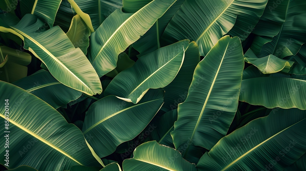 Fototapeta premium Green banana leaf background with copy specs for text. The leaves of the banana tree pattern. 