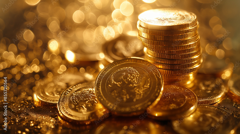 A pile of gold coins on a table A pile of gold coins on a table