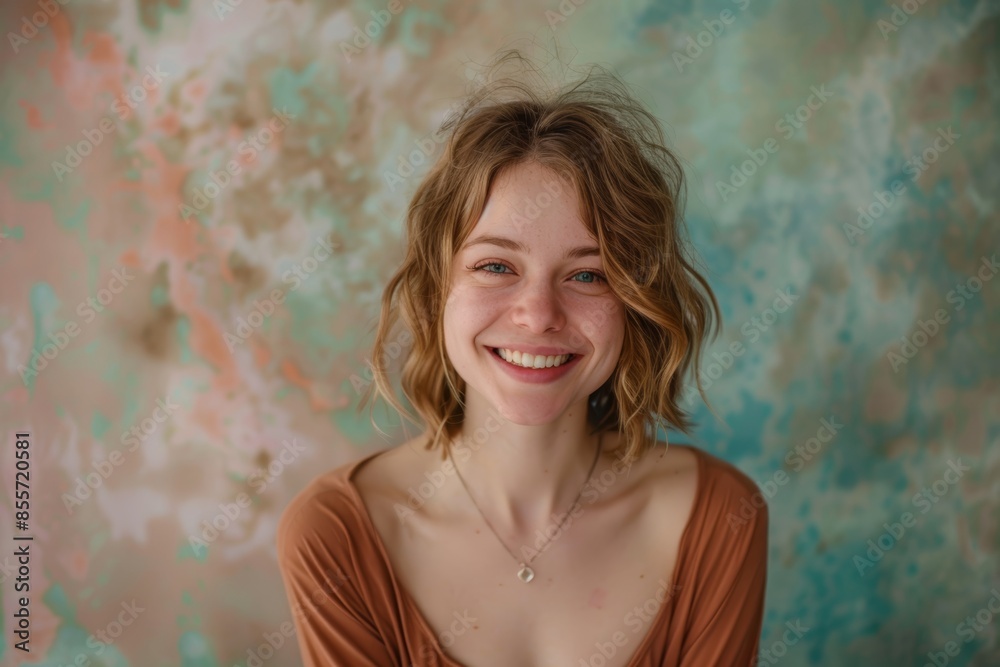 Portrait of a blissful caucasian woman in her 20s smiling at the camera in front of pastel or soft colors background Portrait of a blissful caucasian woman in her 20s smiling at the camera in front of pastel or soft colors background