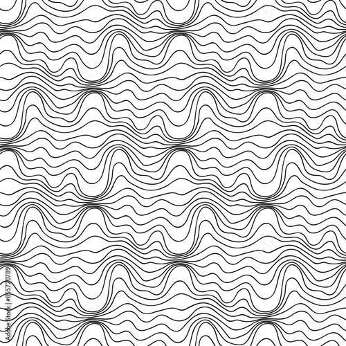 Abstract vector seamless floral background of doodle hand drawn lines. Monochrome wave pattern. Coloring book page. Black white wallpaper.