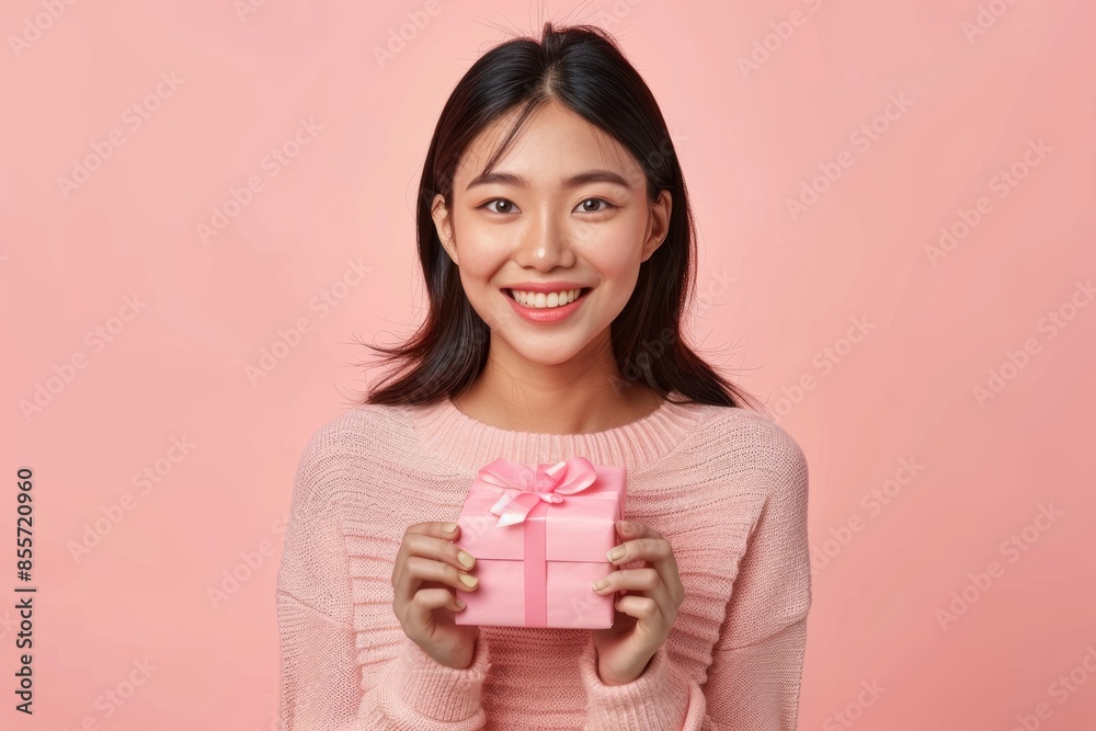Portrait of a glad asian woman in her 20s holding a gift isolated on pastel or soft colors background