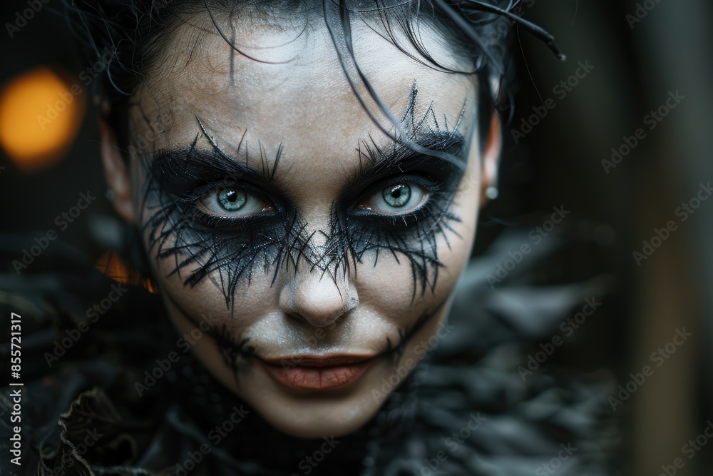 Haunting face with dark makeup and intense expression