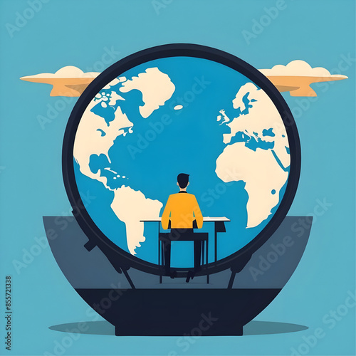 Global Visionary: A businessman sits contemplating a massive world globe, symbolizing strategic thinking, global business, and international opportunities. 