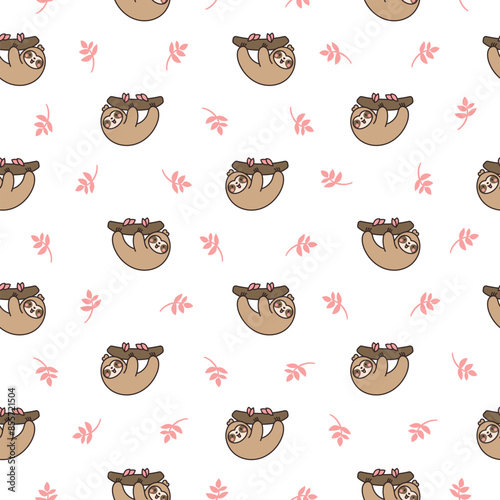 Cute kawaii sloth character. Seamless pattern. Cartoon funny wild animal. Hand drawn style. Vector drawing. Design ornaments.